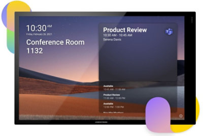 A tabletop device displaying Teams meeting information for a Product Review.