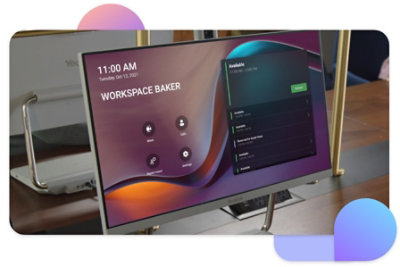 A tabletop device displaying the reservation of the room.