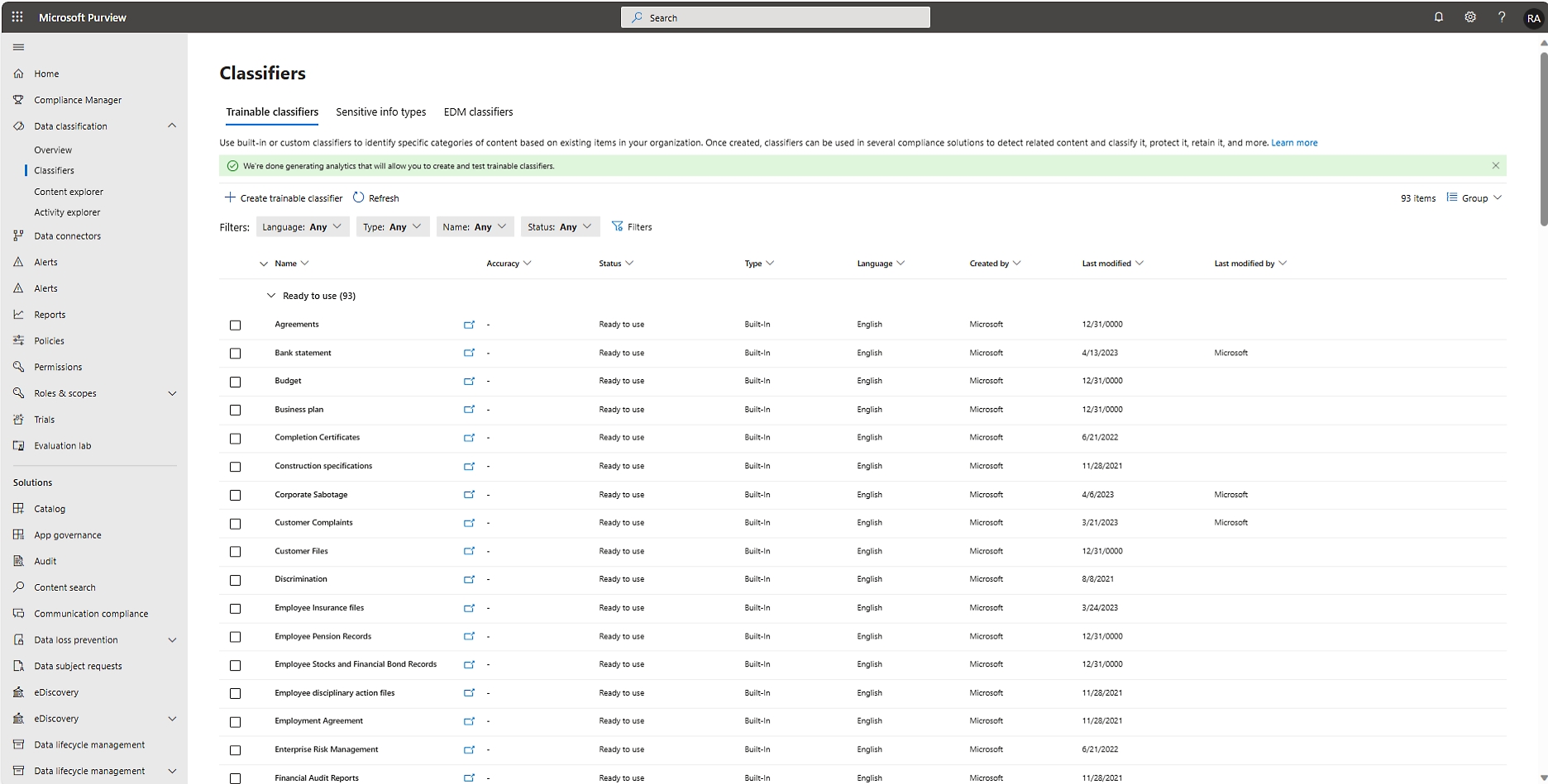 Microsoft azure portal showing a table of classifiers in the language studio, including ids, names, and status details.