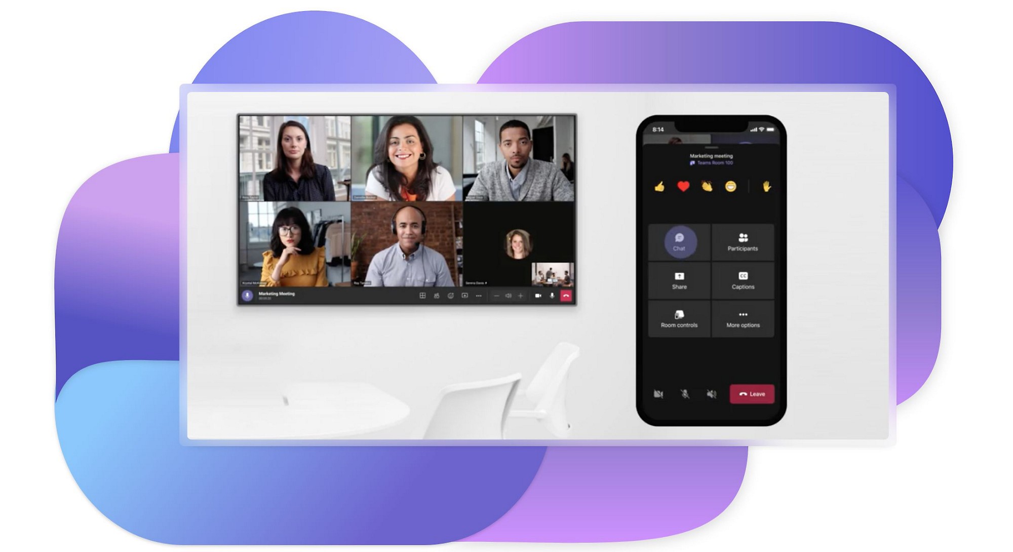Ecrane de desktop și dispozitive mobile cu o întâlnire de marketing în Teams. 