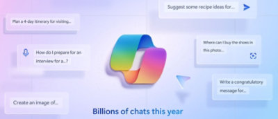 Snímek obrazovky s logem Copilotu s textem miliardy chatů v tomto roce