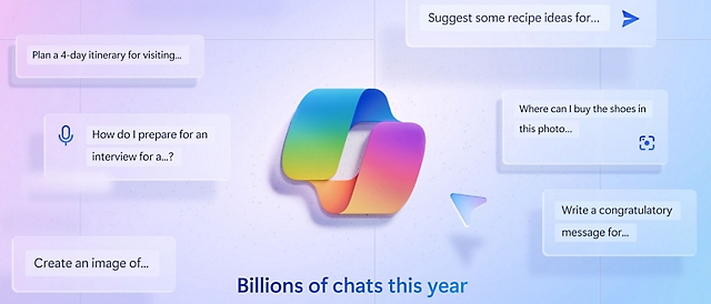 Copilot 標誌的螢幕擷取畫面，其中顯示「今年傳送數十億個聊天」(Billions of chats this year) 文字