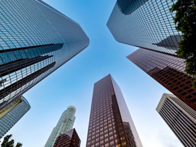 Looking up view of tall buildings