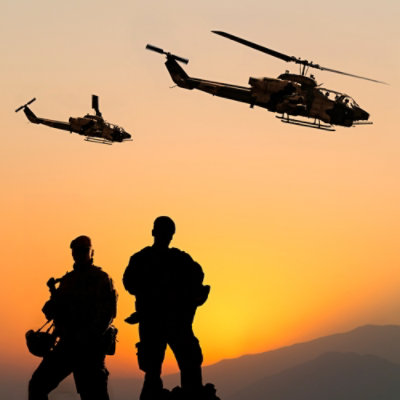 Helicopters flying over military personnel at sunset.