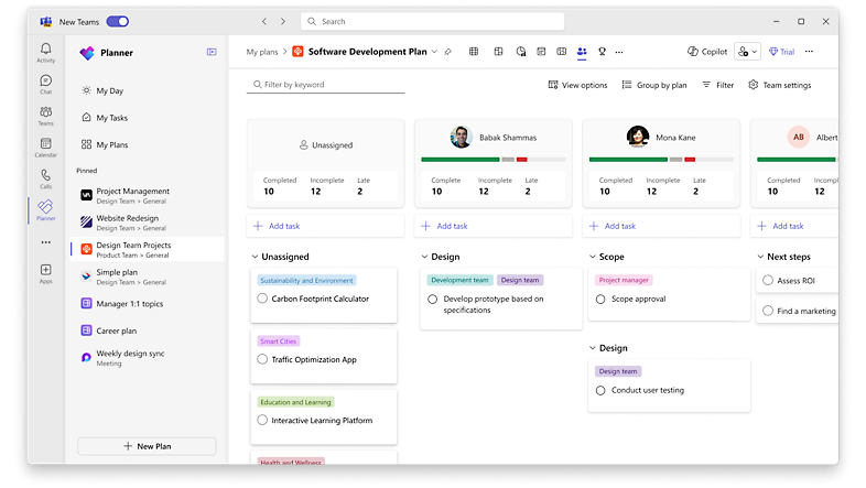 Device screen displaying the people view for a project in the Planner app in Teams