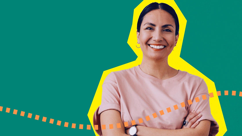 A lady wearing a brown t-shirt