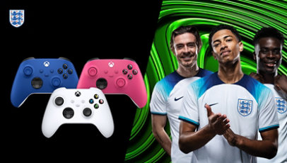 Three Xbox Controllers in Shock Blue, in Robot White and in Deep Pink shown with 3 male athletes from the FA England Team. 