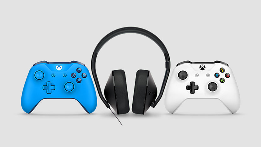 Two Xbox One controllers and a Xbox One Stereo headset.