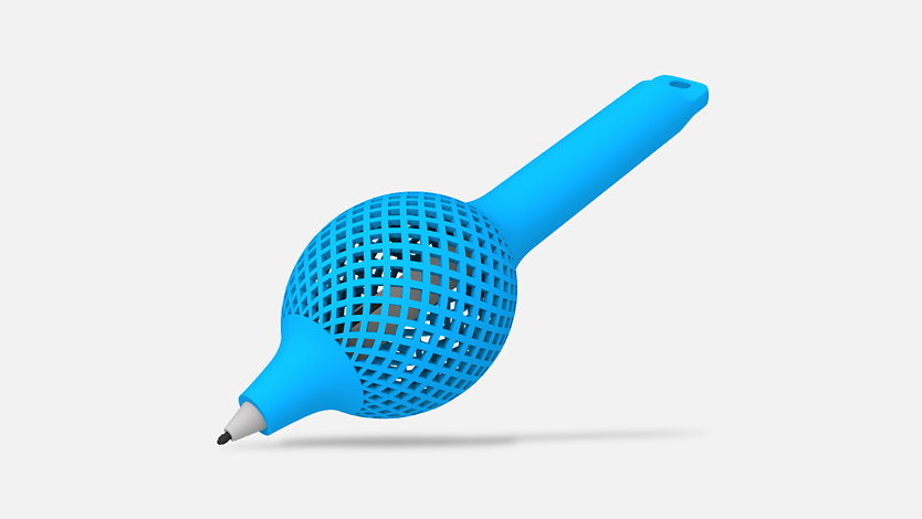 Close-up van een bolvormige 3D-geprinte pengreep van Shapeways.