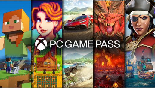 Xbox Game Pass ロゴと、背景に描かれたさまざまなビデオ ゲームのキャラクター。