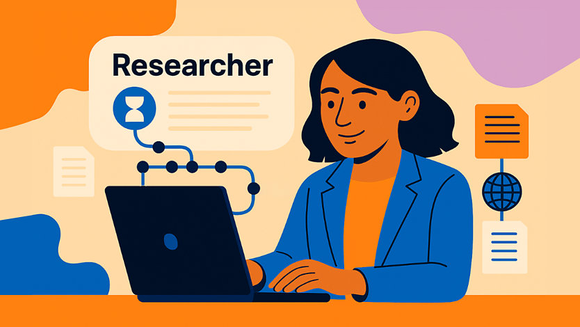 Illustration of a person using a laptop, symbolizing AI-assisted research in Microsoft 365 Copilot.