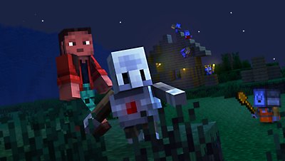 Two Minecraft characters run through a village at night