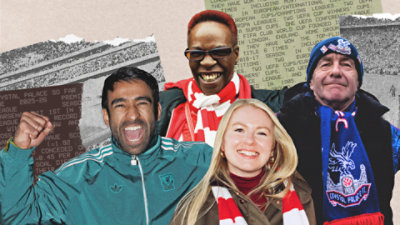 Collage of four jubilant football fans in team scarves celebrating.