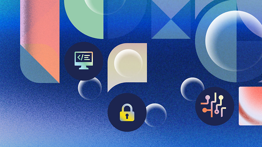 A geometric design with floating icons that represent ways AI is used.