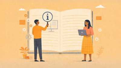 Two people standing by a large open book.