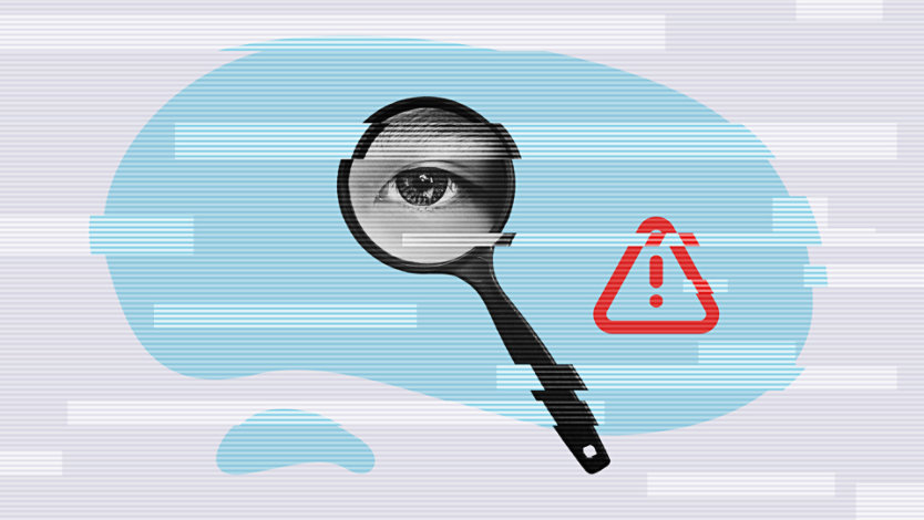 Illustration depicting a magnifying glass with a closeup of a human eye peering through it floating over lines and blocks meant to represent code, and a warning triangle icon beside it.