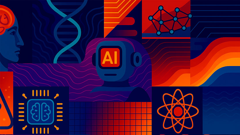 A collage of robots, scientific symbols, and technological symbols associated with AI.