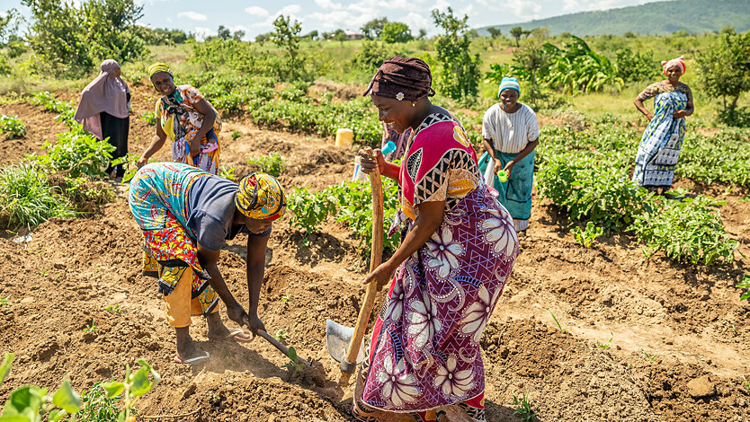 Two smiling Kenyan women, in bright traditional clothing, walking to their farm.