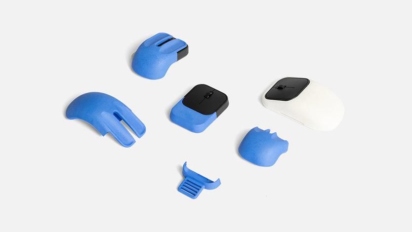 Microsoft Adaptive Mouse with 3D printed mouse tails in many shapes and sizes.