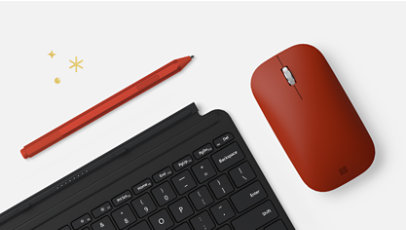 A poppy red Surface Pen and mobile mouse and a black Surface Go Type Cover.