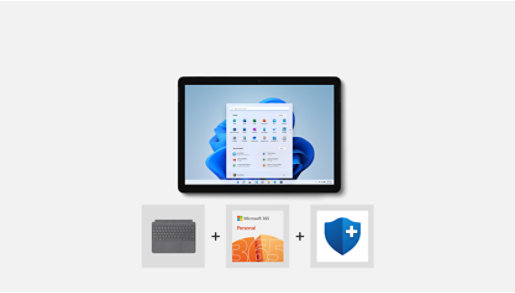 A Surface Essentials Bundle featuring a Surface Go 3 tablet,  Microsoft 365 and Microsoft Complete subscriptions, and a Platinum typecover.