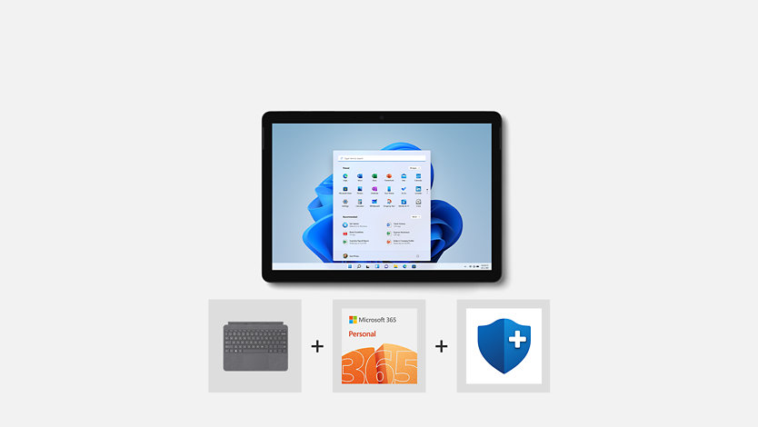 A Surface Essentials Bundle featuring a Surface Go 3 tablet,  Microsoft 365 and Microsoft Complete subscriptions, and a Platinum typecover.