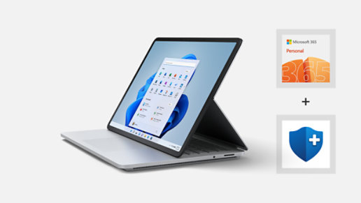A Surface Laptop Studio with Microsoft 365 and Microsoft Complete Protection Plan.