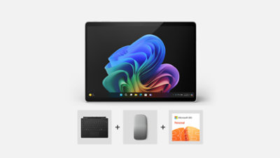A Surface Pro Copilot+ PC bundled with Surface Pro Keyboard with pen storage, Arc Mouse and Microsoft 365.