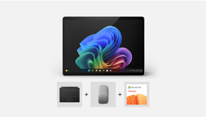 A Surface Pro Copilot+ PC bundled with Surface Pro Keyboard with pen storage, Arc Mouse and Microsoft 365.