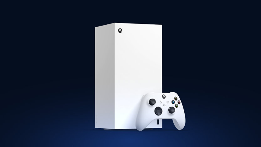 ロボット ホワイトの Xbox Series X デジタル エディションと、ワイヤレス コントローラー。