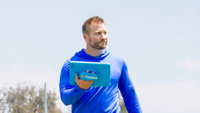 Sean McVay, head coach of the Los Angeles Rams, holds a Surface.