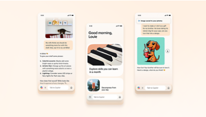 Tri snímky obrazovky z aplikácie Copilot