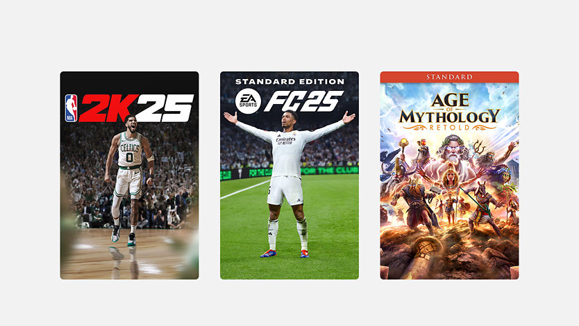 EA Sports FC 24 Standard Edition, NBA 2K25 Standard Edition, and Age of Mythology: Retold.