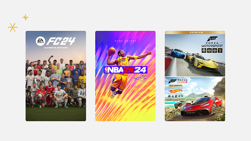 Das Bild zeigt das Cover von drei Spielen: NBA 2K24 Kobe Bryant Edition, A FC 24 Ultimate Edition, Forza Motorsport + Forza Horizon 5 Premium Edition Bundle