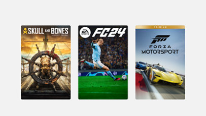 Jeux en vedette Skull and Bones, F C 24 et Forza Motorsports Premium Edition.