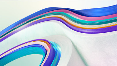 Glossy ribbons in blue, purple, teal, pink, and orange flow in textured layers.