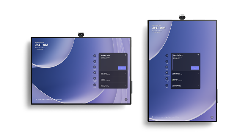 En horisontal Surface Hub 3 på 50 tommer og en vertikal Surface Hub 3 på 50 tommer demonstrerer smart rotasjon. 