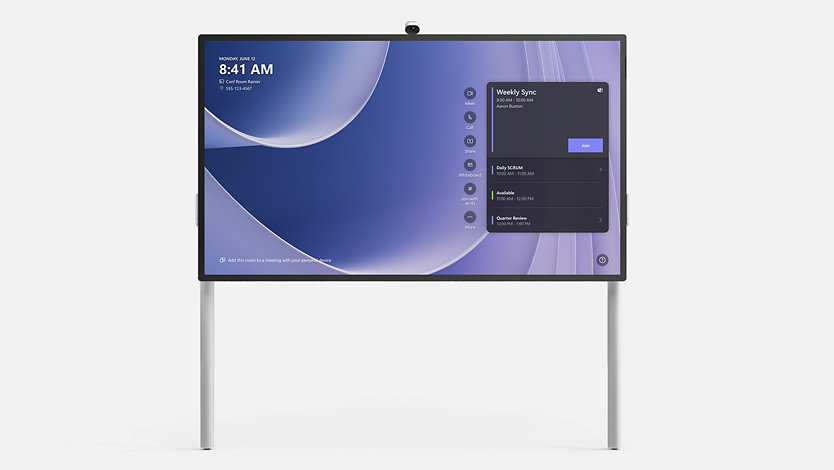 An 85-inch Surface Hub 3 on the Floor Supported Wall Mount. 