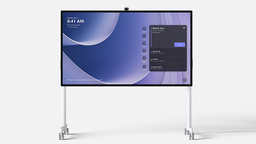 An 85-inch Surface Hub 3 on a Mobile Stand.