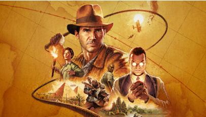 Indiana Jones, umgeben von Figuren und Szenen aus dem Spiel.