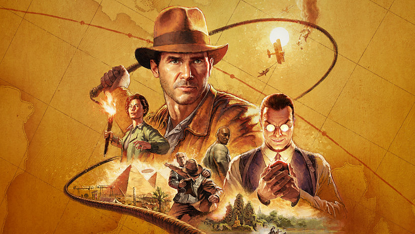 Indiana Jones, umgeben von Figuren und Szenen aus dem Spiel. 