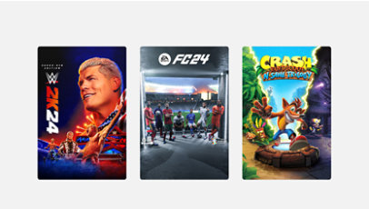 Featured games WWE 2K24 Cross platform, EA Sports FC24, and Crash Bandicoot N Sane Trilogy.