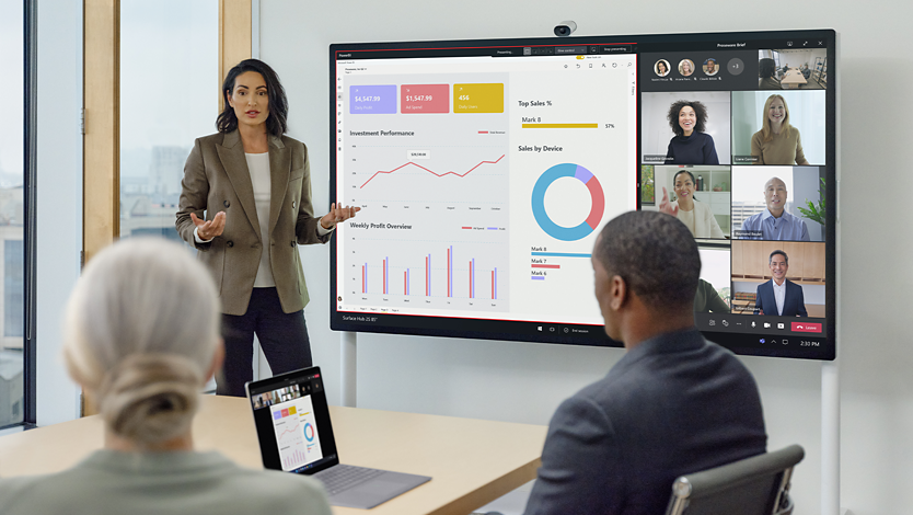 Una persona utiliza un dispositivo Surface Hub 2 S y una Cámara inteligente para Surface Hub 2 para presentar una infografía tanto a los miembros del equipo que están en la oficina como a los que están a distancia.