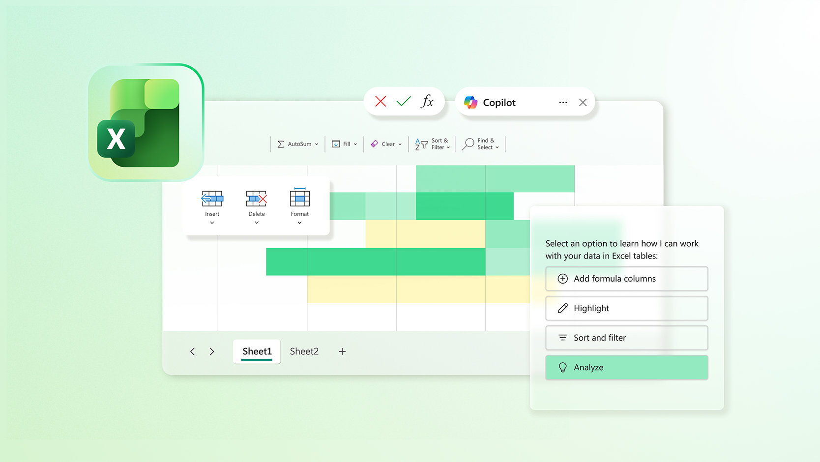 Une vue abstraite d’une feuille Excel avec des suggestions de mise en forme proposées par Copilot.