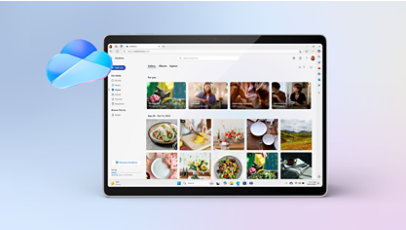 A  tablet displaying OneDrive with a personal photo gallery.