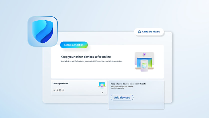 Microsoft Defender window Alerts and history tab with a recommendation to add Defender protection to other devices.