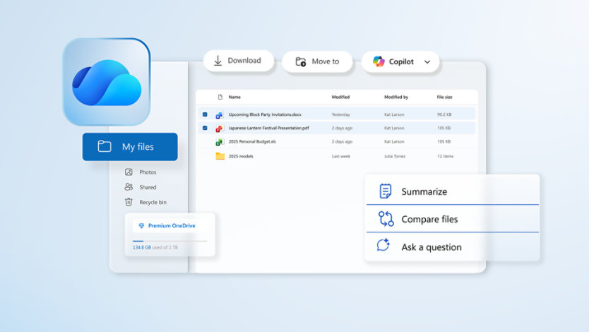Microsoft OneDrive Secure Storage window with a Copilot popup window giving options to summarize, compare, or ask questions about two selected files.
