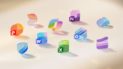 In Microsoft 365 enthaltene App-Symbole: Word, PowerPoint, Outlook, Excel, OneDrive, Defender, Clipchamp.