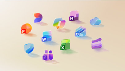 Varias aplicaciones que forman parte de una suscripción a Microsoft 365, como: Microsoft Copilot, Word, Excel, PowerPoint, Outlook, OneNote, OneDrive, Microsoft Defender, Microsoft Teams, Microsoft Designer, Clipchamp.