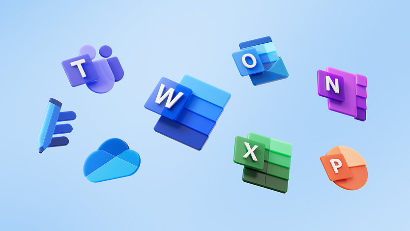 Microsoft 365-apps waaronder Word, Excel, PowerPoint, Teams, Outlook, OneDrive, OneNote en Editor. 
